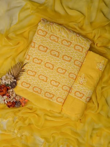 Ada Hand Embroidered Lucknowi Chikankari Unstitched Cotton Dress Material Suit Piece with Dupatta for Women 01A782873 Yellow