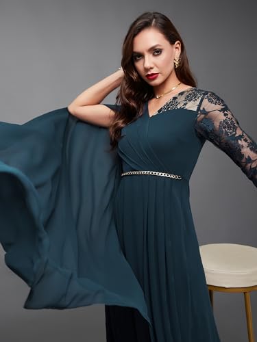 Miss Chase Women's V-Neck Asymmetric Self-Designed Georgette Maxi Dress (MCSS24D97-12-TUE-08, Gulf Teal, 3XL)