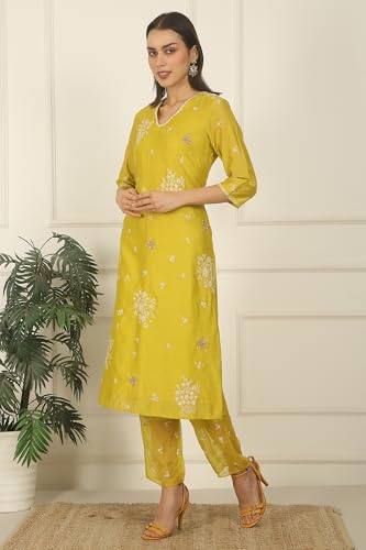 W for Woman Celery Green Embroidered Chanderi Straight Kurta, Pants and Dupatta Set (Size: XS)-WS12516-223370