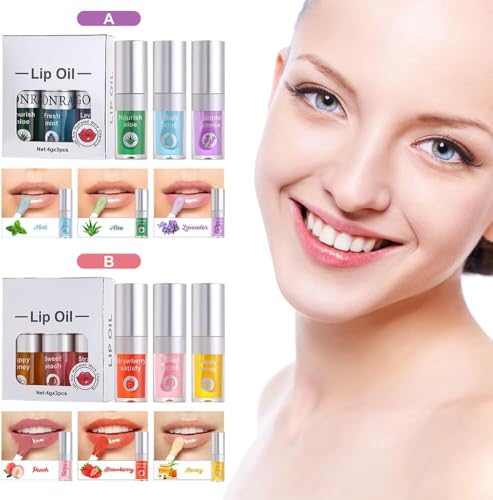 My Colors 3 Pcs Moisturizing Lip Oil Set, Hydrating Lip Glow Oil Moisturizing Lip Oil Gloss Transparent No Sticky Lip Gloss Lip Balm Lip Care for Women Girls - A, 4g