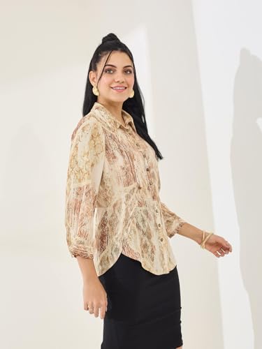 Latin Quarters Women's Beige Printed 3/4th Sleeve Collar Neck Casual Shirt_S