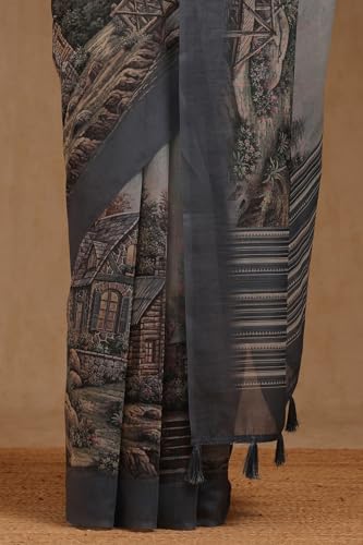 Soch Womens Grey Chanderi Digital Print Saree