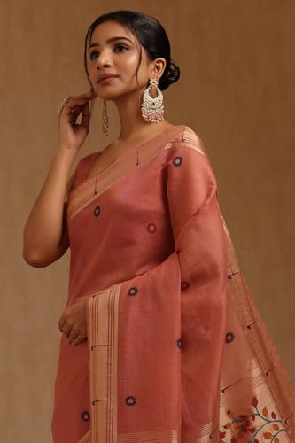 Soch Womens Peach Chanderi Woven Design Saree