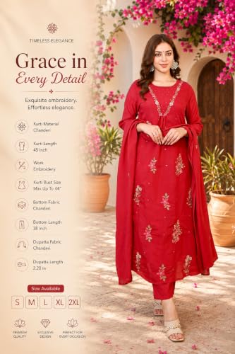 Women's Red Chanderi Embroidered Straight Kurta Set With Dupatta And Pant