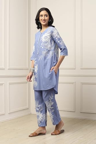 BIBA Women Blue Cotton Straight Kurta Pants Set_36