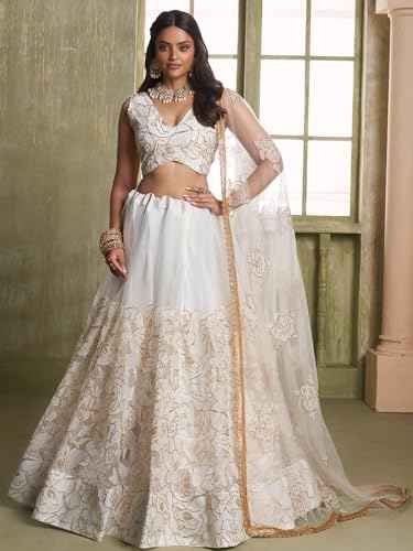 Zeel Clothing Women's Thread Sequins Work Embroidery Soft Net Lehenga Choli with Dupatta (NFH-2209-Off-White-Women-Lehenga-Choli-Latest; Free Size)