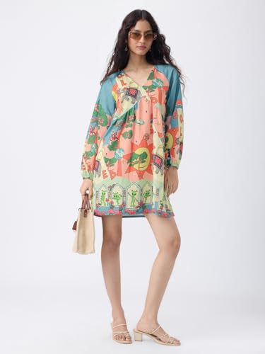 The Souled Store Textured Dress: Astral Bloom Women and Girls Long Sleeves V-Neck Graphic Printed Viscose Nylon Blend Relaxed Fit Lightweight Casual Tiered Smock Dress