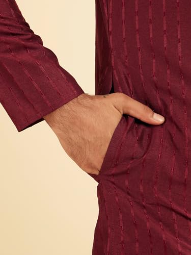Manyavar Men's Art Silk Embroidered Placket Solid Kurta Set (Maroon,L)