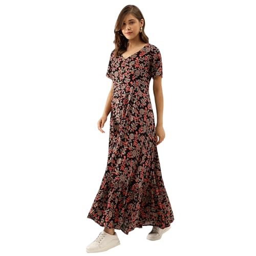 Divena Black Multi Floral Printed Rayon Ethnic Dress for Women