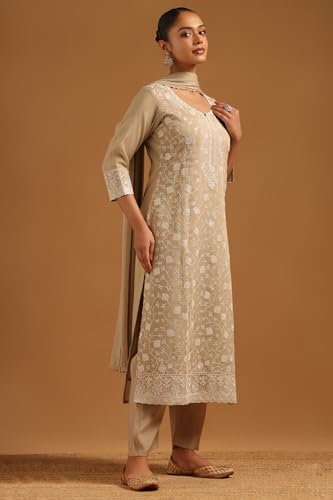 Soch Womens Beige Mul Chanderi Botanical Salwar Suit With Machine Embroidery and Sequin Details