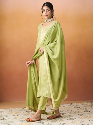 Hritika Green Pure Silk Woven Kurta with Pants and Dupatta Set | Ethnic Set | Suit Set | Kurta Set | Wedding Suit Set for Women