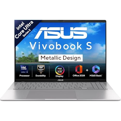 ASUS Vivobook S16 OLED, Intel Core Ultra 5 225H, 16GB RAM, 512GB SSD, FHD 16", Win 11, Office 2024, Cool Silver, 1.7Kg, S3607CA-SH071WS,Intel iGPU, 70Whr, M365 Basic(1Year) Metallic Design Laptop