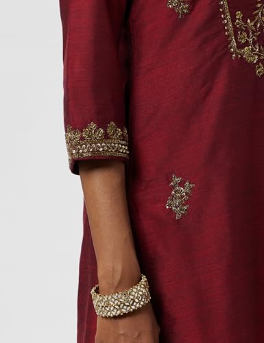 BIBA WOMEN SOLID; EMBROIDRED NARROW SALWAR KURTA DUPATTA(SKD7185_MAROON_42)