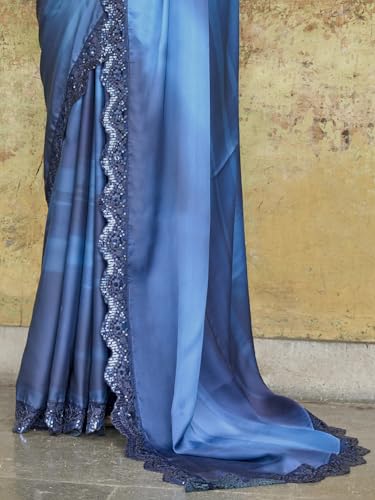 Zeel Clothing Women's Navy Blue Embellished Embroidered Satin Saree with Blouse (ZURI-1102-Navy-Blue-Sarees-For-Womens, Navy Blue)
