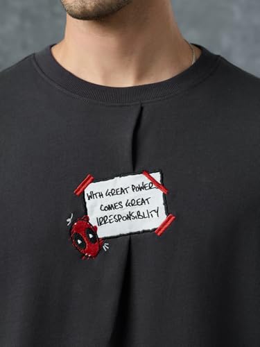The Souled Store Deadpool: The Degenerate Men and Boys Short Sleeves Round Neck Grey Embellished Casual Lightweight Drop Shoulder Streetwear Trendy Oversized T-Shirt