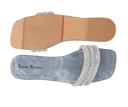 LOUIS STITCH Women’s Fashion Flat Slip-On Sandals | Open Toe Blue Shiny Strap Flat Slipper for Ladies | UK-6