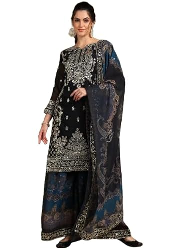 Brulry Women's Black Color Georgette Round Neck Knee Length straight Kurta With Sarara With Dupatta