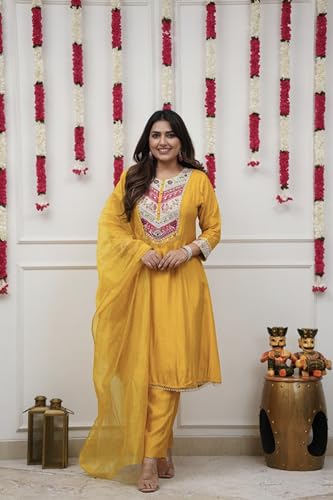 VARNI FABRICS: A lady's First Love Women's Chanderi Yellow Embroidered Kurta Pant Set With Dupatta, Ethnic Wear (IN, Alpha, XL, Regular)