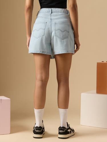 The Souled Store Denim Skorts: Misty Blue Women and Girls Buttoned Light Blue Solid Cotton Asymmetrical Wrap Front Pleated Front Panel Regular Fit Lightweight Everyday Casual Skorts