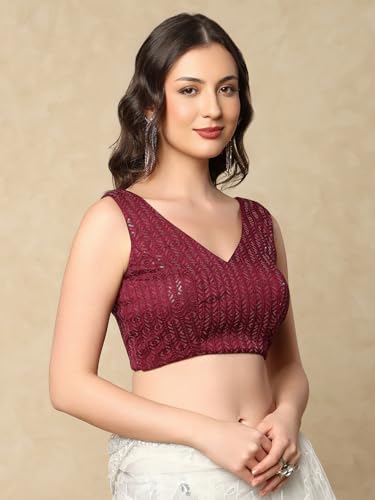 S SALWAR STUDIO Wine Georgette V-Neck Readymade Sleeveless Saree Blouse