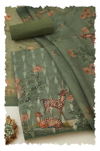 Soch Womens Green Linen Botanical Print Unstitch Dress Material With Sequins