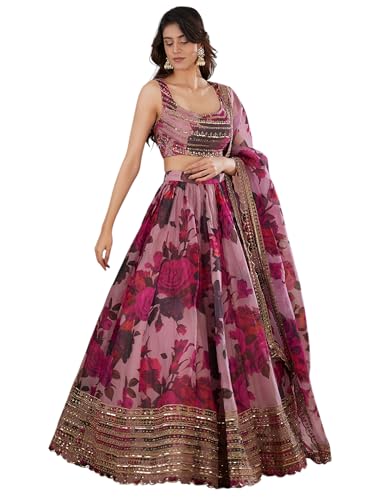 Zeel Clothing Women's Organza Semi-stitched Print and Sequins Embroidered Lehenga Choli With Dupatta (7067-Pink--Lehenga-Choli-Latest, Free size) (Pink)