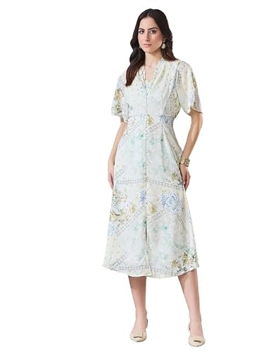 Latin Quarters Women's White Printed Half Sleeves V-Neck Casual A-Line Dress_S