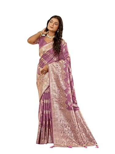 MANOHARI Women's Most Trendy Banarasi Satin Silk Woven Rose Pink Saree With Heavy Jacquard Work Saree With Blouse Piece_MN2026