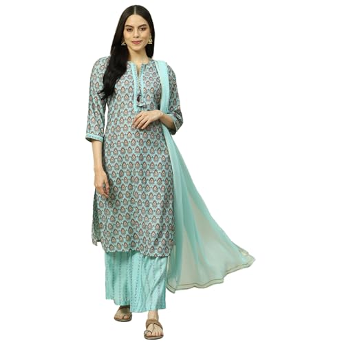 Rangriti Women Polyester Blend Printed Suit Set (RSKASRTD18002SS23LBLU_Blue