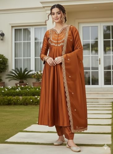 LookMark Women’s Orange Silk Blend Embroidered Anarkali Kurta with Dupatta | Full Length Ethnic Dress | Long Sleeves-AZ-LM-OG1-KS2514 Orange-L