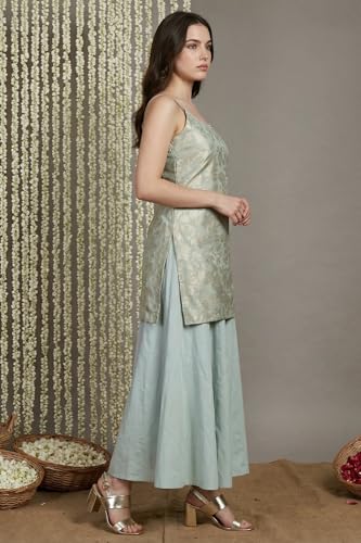 W for Woman Green Self Design Jacquard Zari Straight Kurta with Sharara and Dupatta - (WS13236-314550-M)
