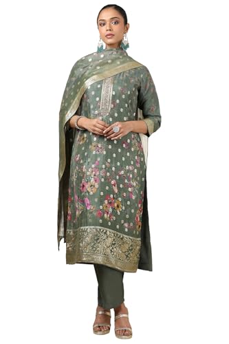 Soch Womens Olive Brocade Floral Chudidar Set With Zari