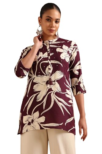 Soch Womens Wine Viscose Botanical Tunic with Faux Mirror