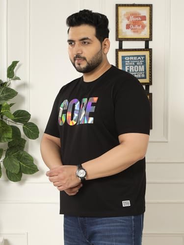 JOHN PRIDE Plus Size Men Regular Fit Printed Short Sleeves Black Round Neck Stretchable T-Shirt (JPTSR32444_6XL_Black)