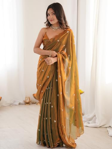 AKHILAM Women's Shimmer Gold Soft Fandy Silk Saree With Hand Work Embroidered Saree With Unstitched Blouse peice