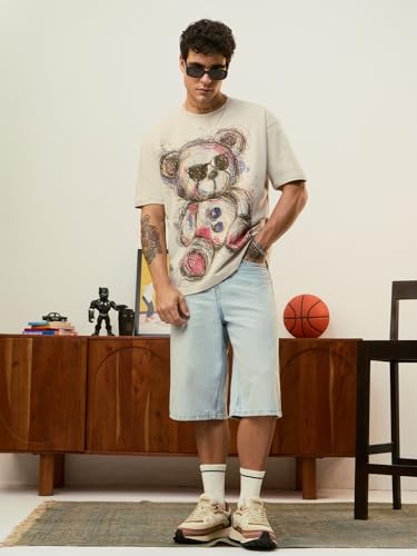 The Souled Store Oversized T-Shirt: Cool Teddy Men and Boys Short Sleeves Round Neck Off-White Graphic Printed Casual Lightweight Drop Shoulder Streetwear Trendy Oversized T-Shirts