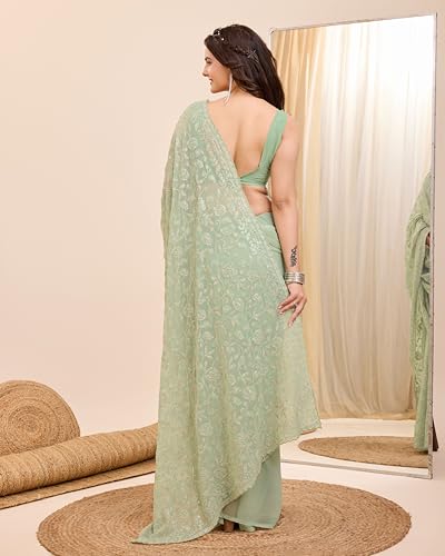 VAIRAGEE Women Green Soft Georgette Embroidery Saree (6203_2)
