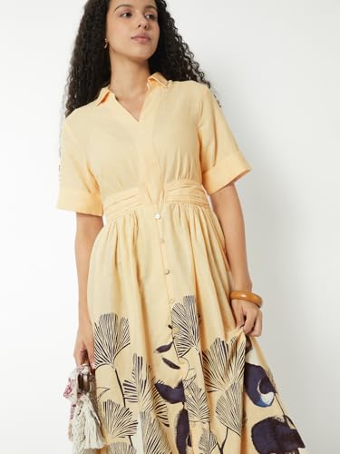 Max Women Floral Print Midi Shirt Dress(White_M)