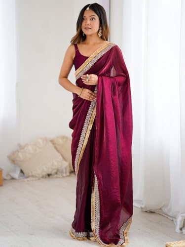 AKHILAM Women's Wine Satin Embellished Saree With Unstitched Blouse Piece (AARYAN20602_KR)