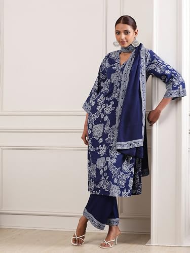 Biba Women Navy Blue Viscose Rayon Straight Suit Set_36