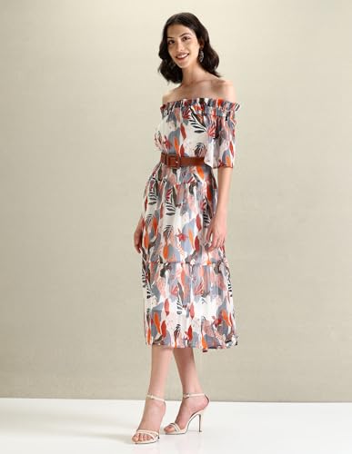 U.S. POLO ASSN. Women's Polyester A-Line Midi Casual Dress (UWSS24DRS132_White, Grey and Red