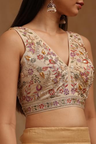 Soch Womens Light Gold Tissue Embroidered Padded Blouse with Cutdana