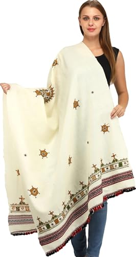 Exotic India Women's Shawl from Kutch with Central Embroidered Chakra and Mirrors Pure Wool Shawl (SWD54--frozen-dew)