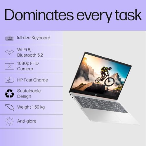 HP 15, 13th Gen Intel Core i3-1315U Laptop (8GB DDR4, 512GB SSD) Anti-Glare, Micro-Edge, 15.6"/39.6cm, FHD, Win 11, MSO 21, Silver, 1.59kg, Intel UHD Graphics, 1080p FHD Camera, 15-fd0465TU