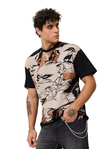 The Souled Store Marvel: It's Rocket Men and Boys Short Sleeves Round Neck Black and Beige Graphic Printed Casual Lightweight Drop Shoulder Streetwear Trendy Oversized T-Shirts