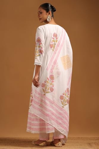 Soch Womens Off White Cotton Floral Print Suit Set With Beads