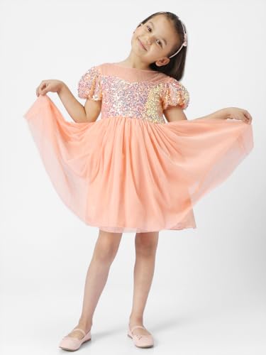 nauti nati Polyester Nautinati Girls' Round Neck Embellished Party Dress Knee-Length Casual NN321-524_Peach