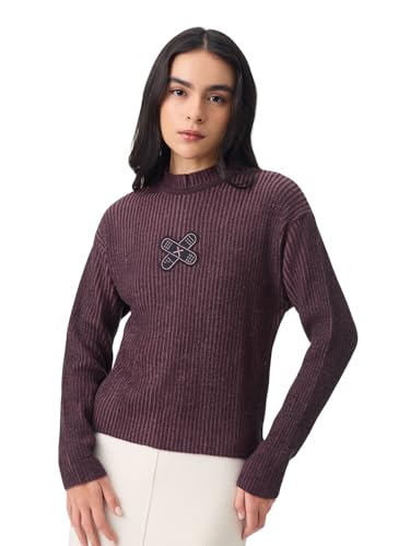 The Souled Store Textured Sweater: Amethyst Women and Girls Full Sleeves Mock Neck Ribbed Knit Acrylic Lightweight Casual Winter Pullover Oversized Sweater