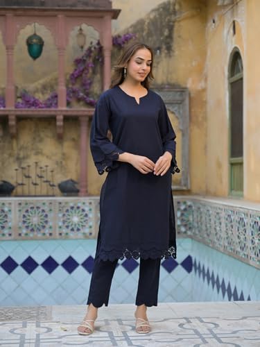 Divena Navy Blue Cotton Straight Fit Lace Border Kurta with Trouser