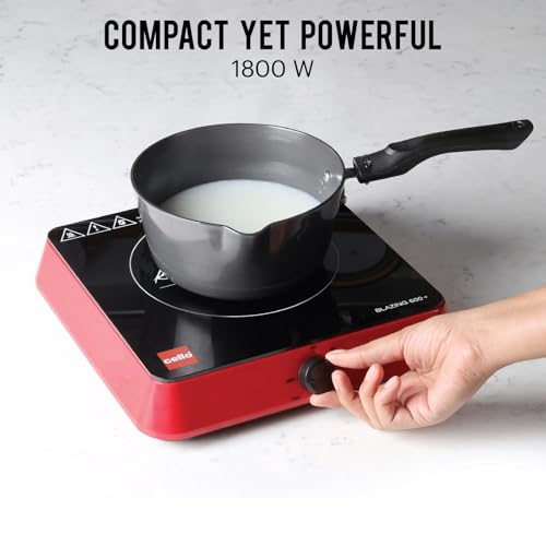 Cello Induction Cooker Blazing 600+ | 1800 Watt Induction Cooktop | 2-in-1 knob design with Grade Crystal Shiny Glass Plate | Compact and Portable | Multi-Purpose Use | Red